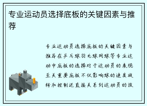 专业运动员选择底板的关键因素与推荐